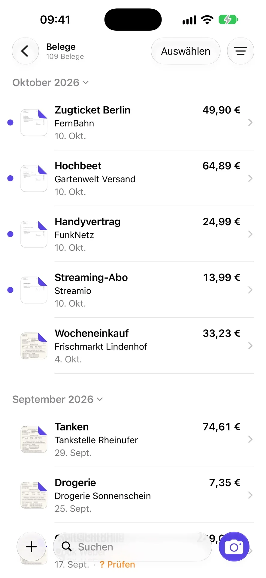 hefted durchsucht zwei Postfächer, neue Rechnungen erscheinen in der Liste.