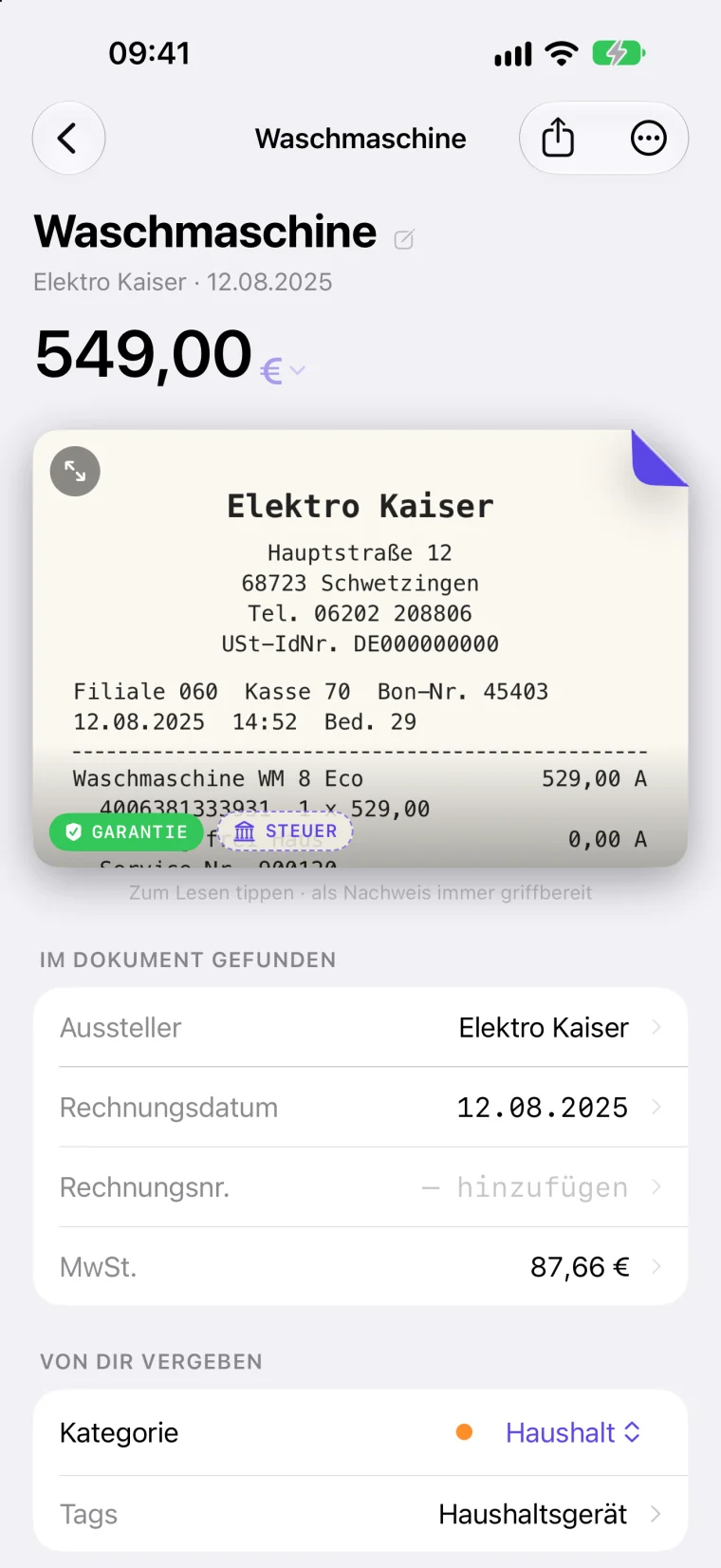 Ein gescannter Kassenbon in hefted: Elektro Kaiser, 549 Euro, Garantie bis 12.08.2027.