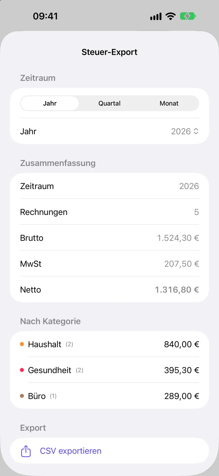 Der Steuer-Export in hefted: alle für die Steuer vorgemerkten Belege eines Jahres.